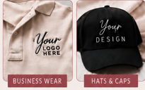 A beige hoodie with 'Your Logo Here' printed on it, and a black baseball cap with 'Your Design' embroidered on the front.