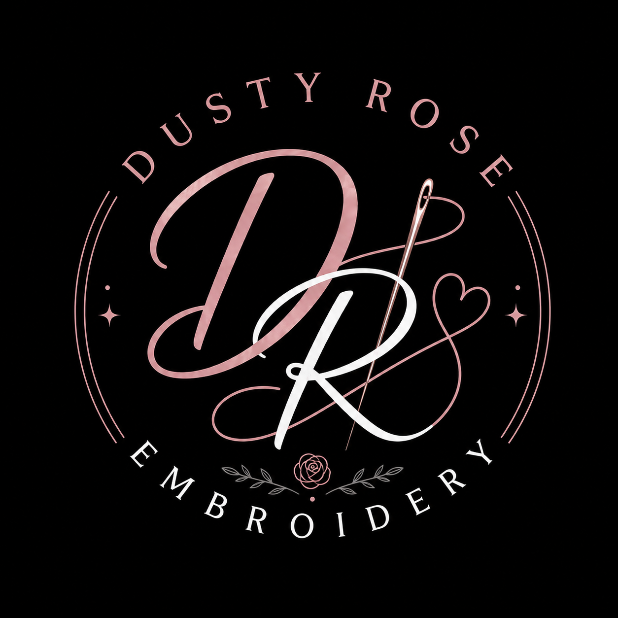 Logo for Dusty Rose Embroidery, featuring pink and white cursive initials D and R, with a needle and thread, rose graphic, and decorative stars and laurel accents.