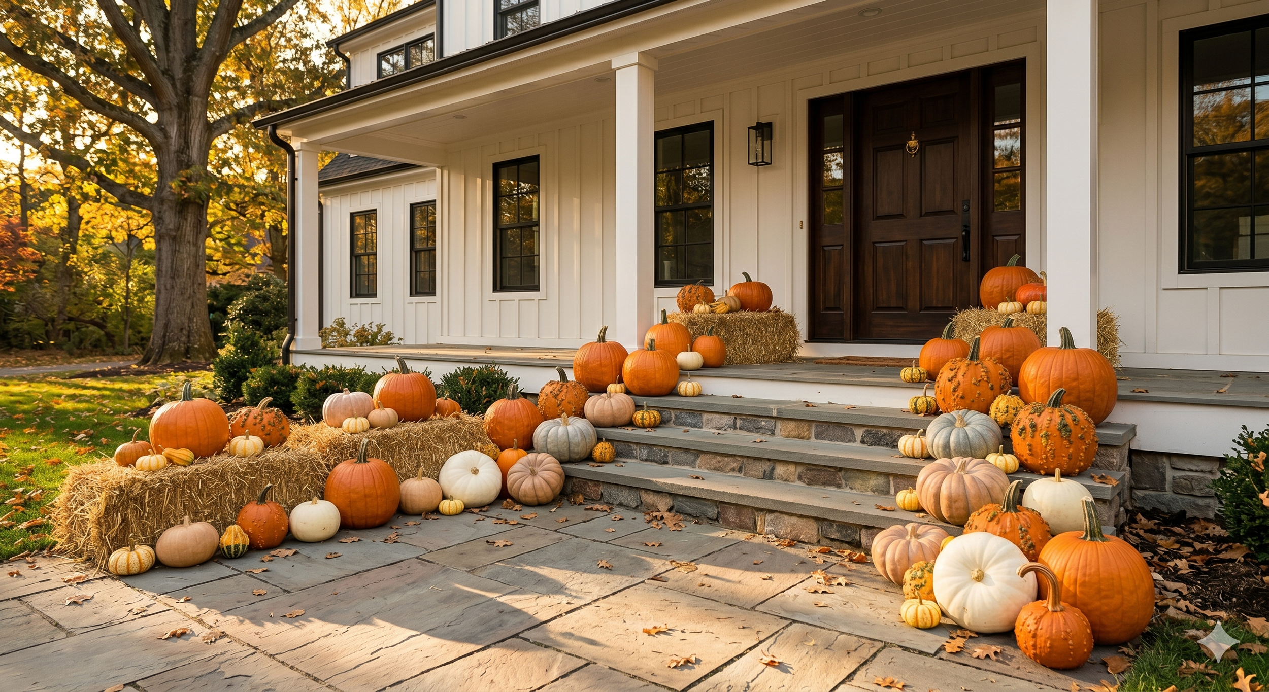 Front porch decorated with a variety of pumpkins, gourds, and hay bales for fall or Halloween. The house is white with black window frames and a dark brown door. Trees with colorful autumn foliage are visible in the background.