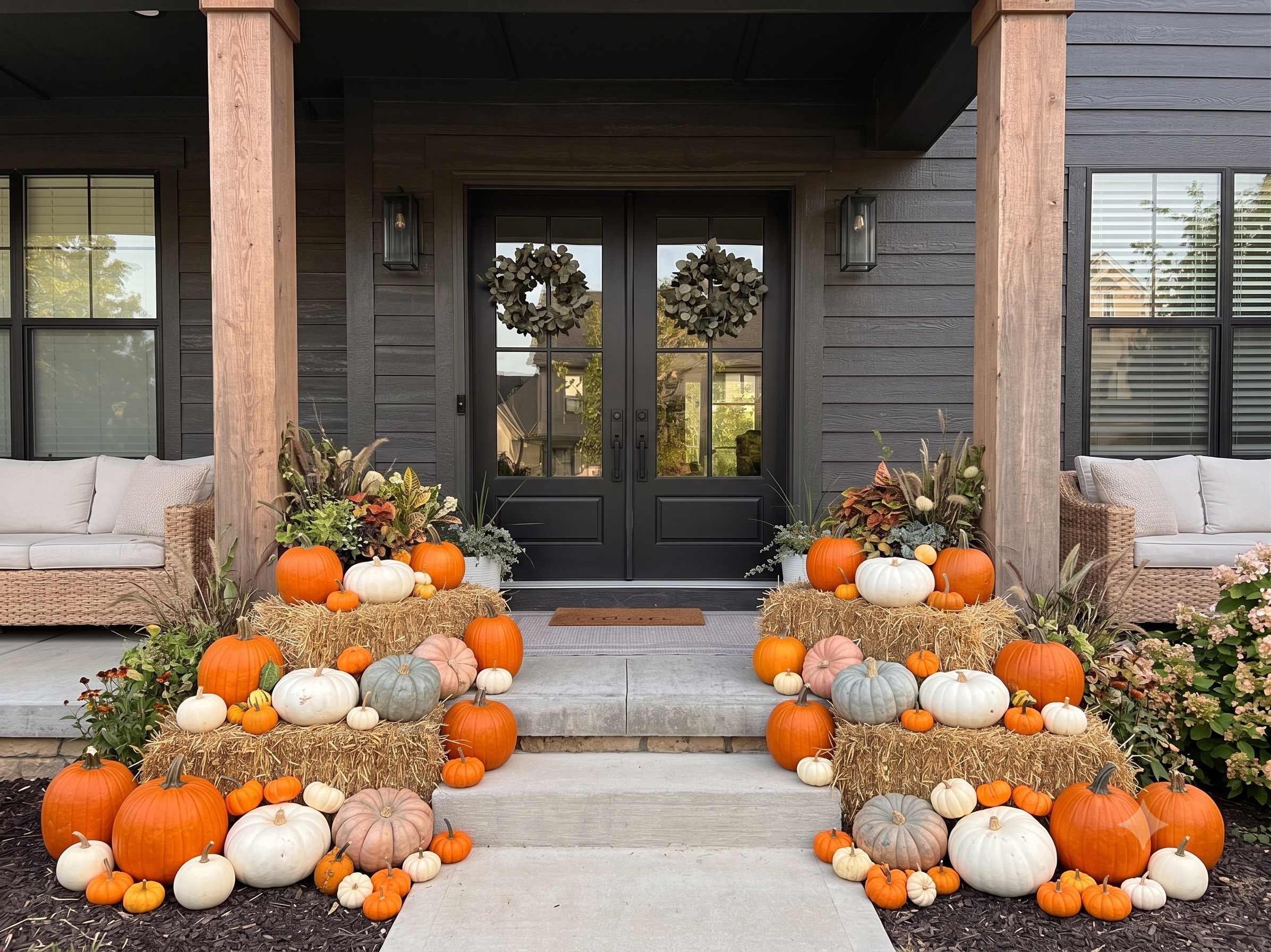 Front porch decorated for fall with a custom pumpkin display. Pumpkin decorations in orange, white, pink, and gray surround hay bales set on the porch steps.  Perfect touch of fall to make the porch the envy of the neighborhood.