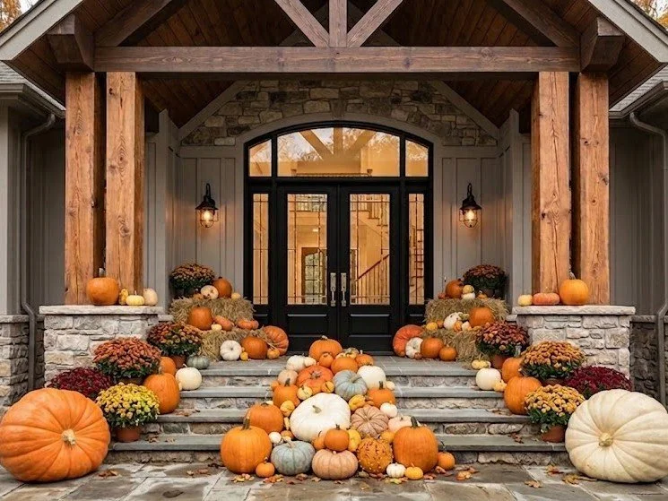 Fall harvest display with pumpkins, gourds, and mums arranged on front steps of a house with stone and wood accents.