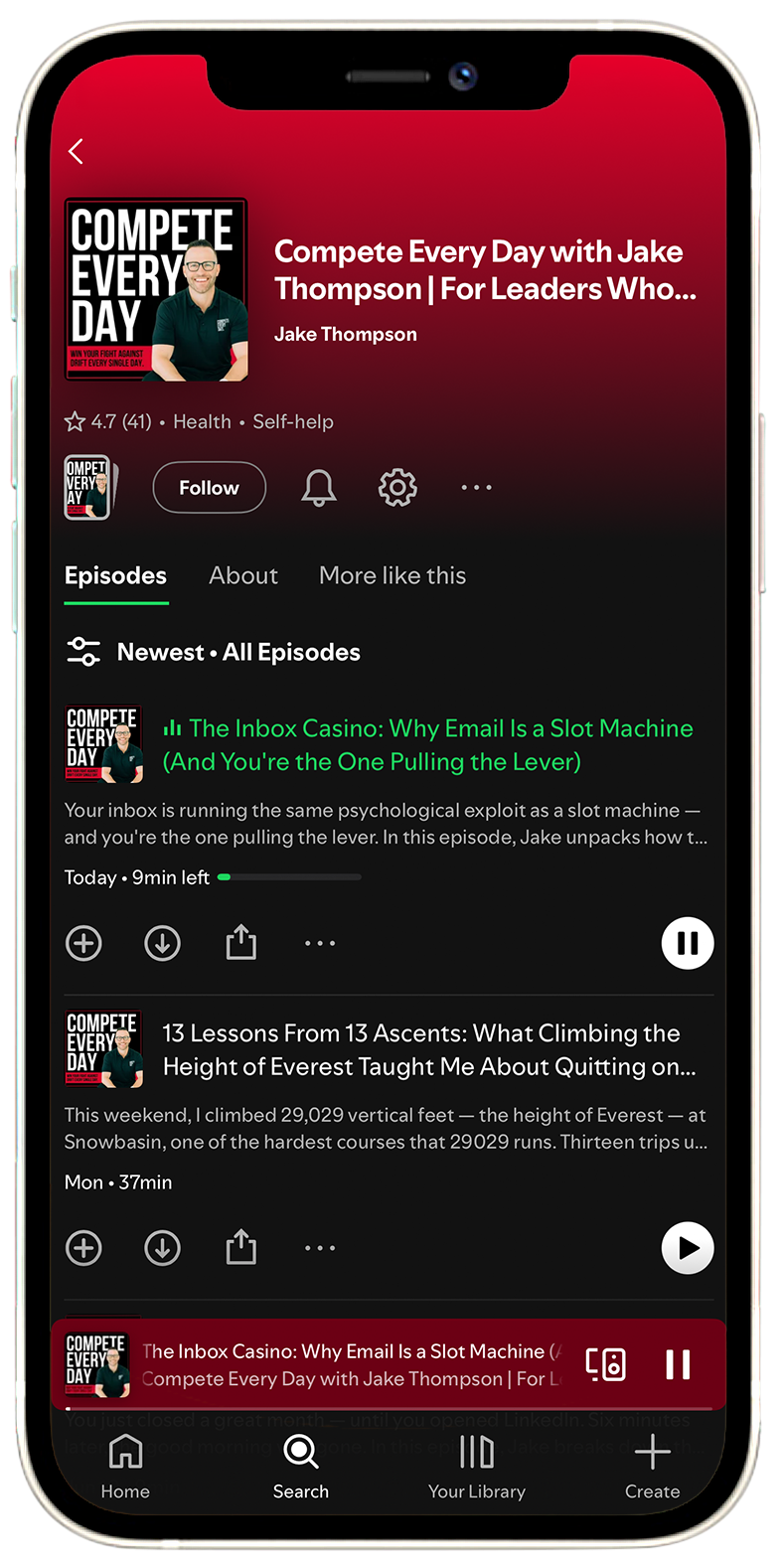 A screenshot of a podcast app displaying the show "Compete Every Day with Jake Thompson". The app shows episode titles, descriptions, and playback controls on a smartphone screen with a red and black theme.