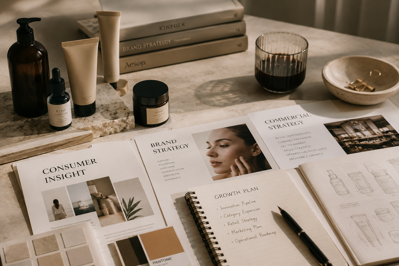 A workspace with branding, marketing, and strategy documents, skincare products, a glass of red wine, and a notebook with sketches of cosmetic bottles.