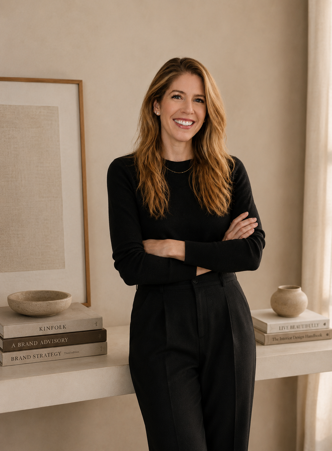A woman with long, wavy red hair smiling with her arms crossed, wearing a black long-sleeve top and black pants, standing in a modern, neutral-colored room with books and decorative objects on a table.