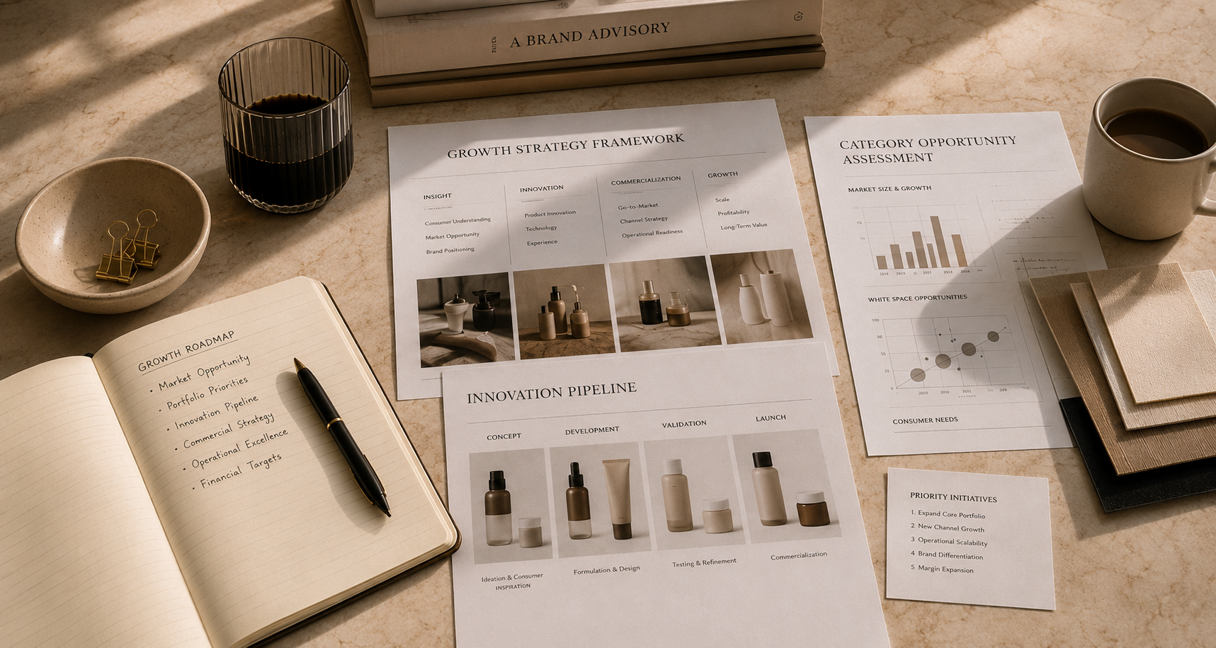 A workspace with business strategy documents, a notebook with notes on growth roadmap, a pen, two cups of coffee, a glass of dark beverage, and various color samples.