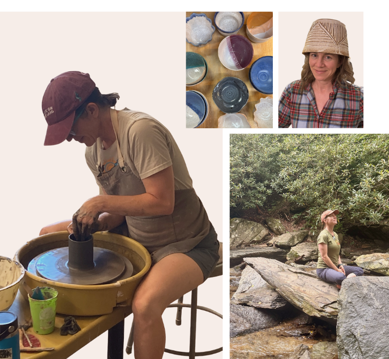 A woman shaping pottery on a wheel, surrounded by pottery tools and finished pieces, with outdoor nature scenes including rocks and a woman sitting by a stream.