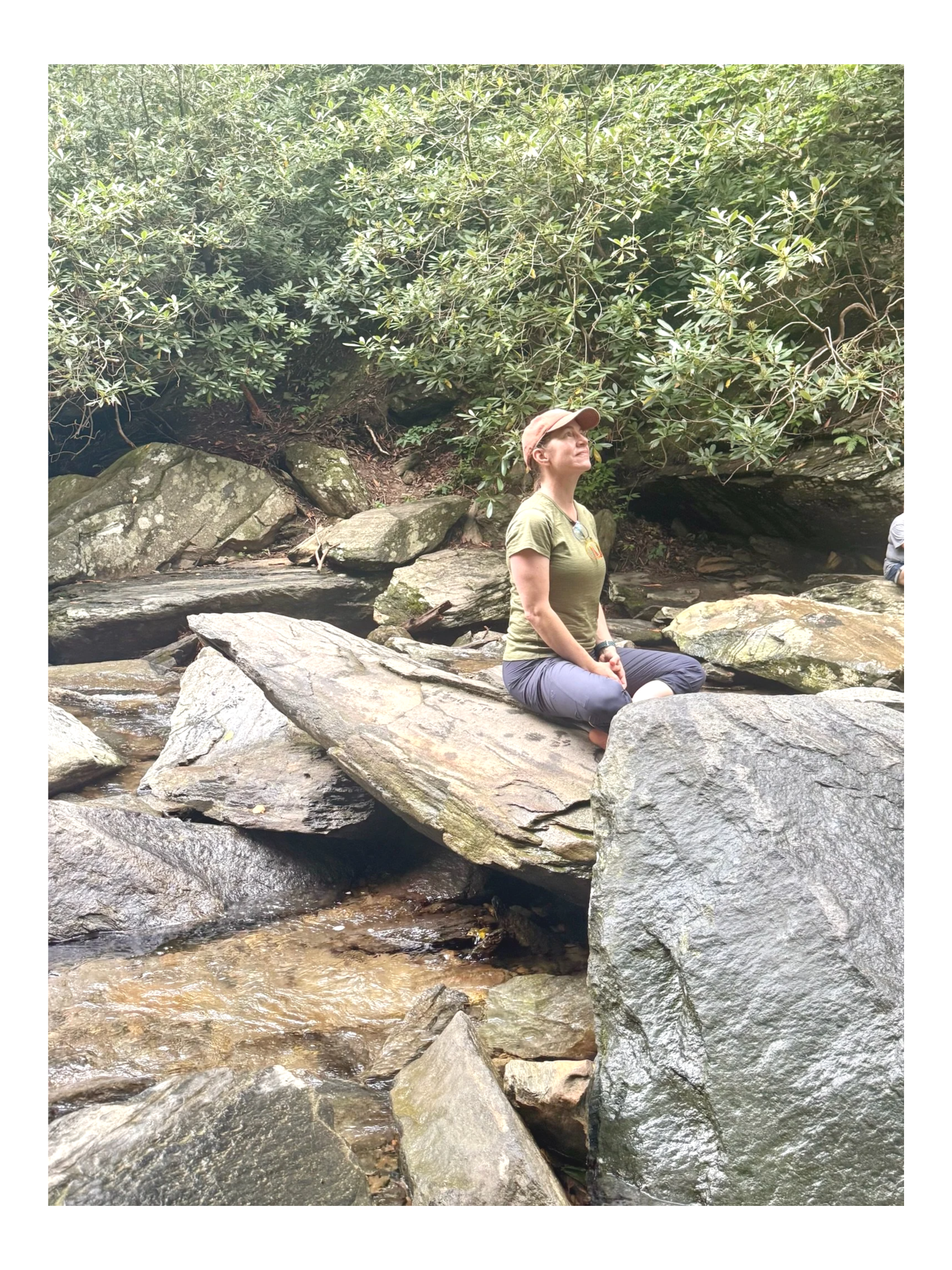 A woman sitting on rocks by a stream surrounded by greenery.