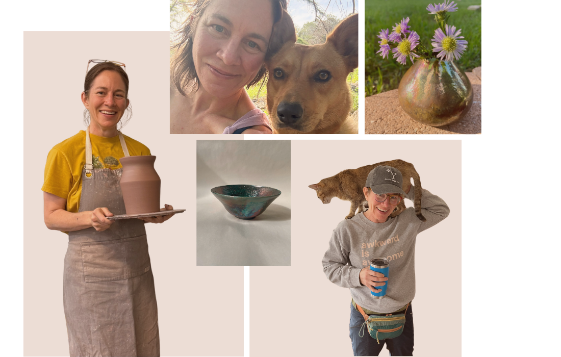 Collage of images of Kim Schaefer and pottery she has made. In one image, she is holding a vase on a tray, another she is smiling with a dog, another with a cat on her shoulders holding coffee mug.