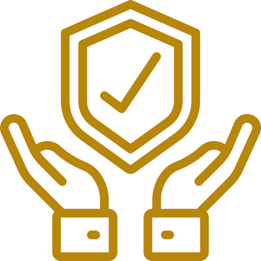 Gold-colored illustration of two hands holding a shield with a checkmark inside.