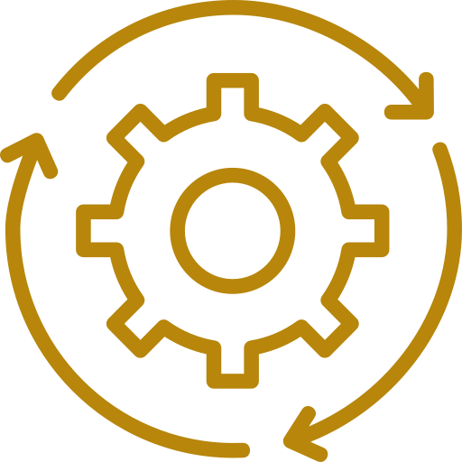 Line art of a gear with circular arrows around it, representing process or automation.