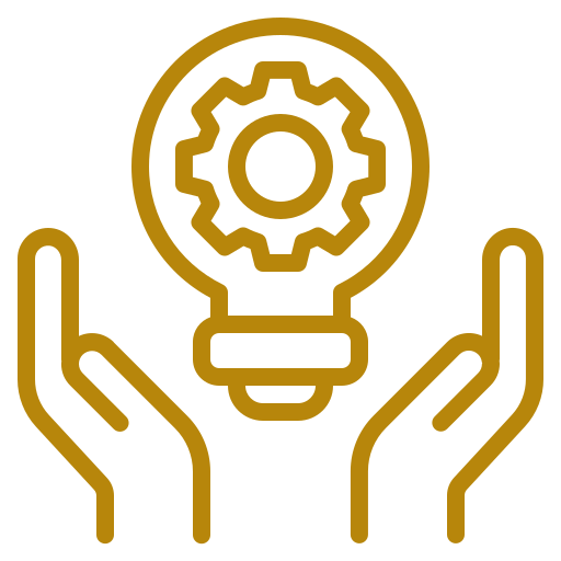 Gold icon of hands holding a lightbulb with a gear inside, representing innovation or ideas.