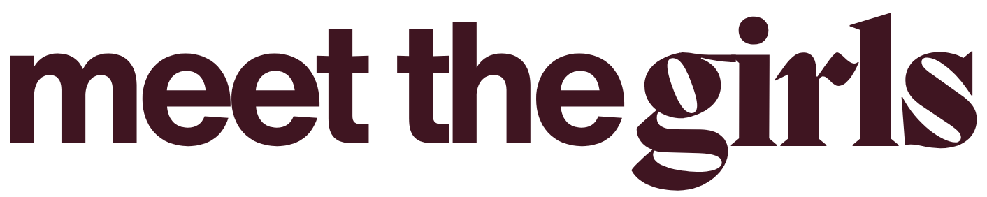 Text graphic with the words "meet the girls" in dark purple letters on a transparent background.