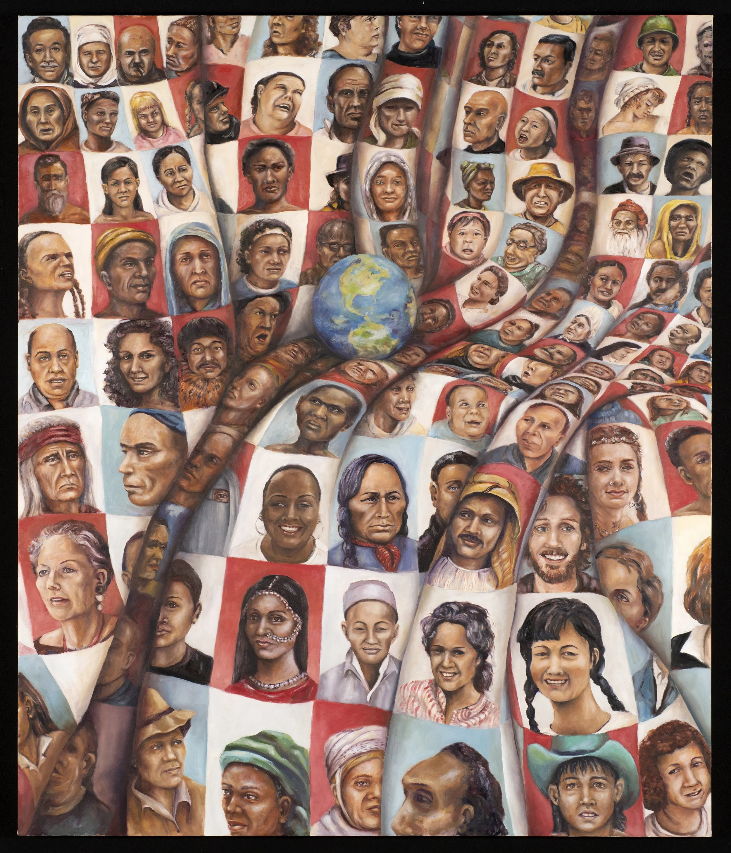 A mural featuring numerous painted portraits of diverse individuals, holding a representation of the Earth, symbolizing unity among different races, ages, and backgrounds.