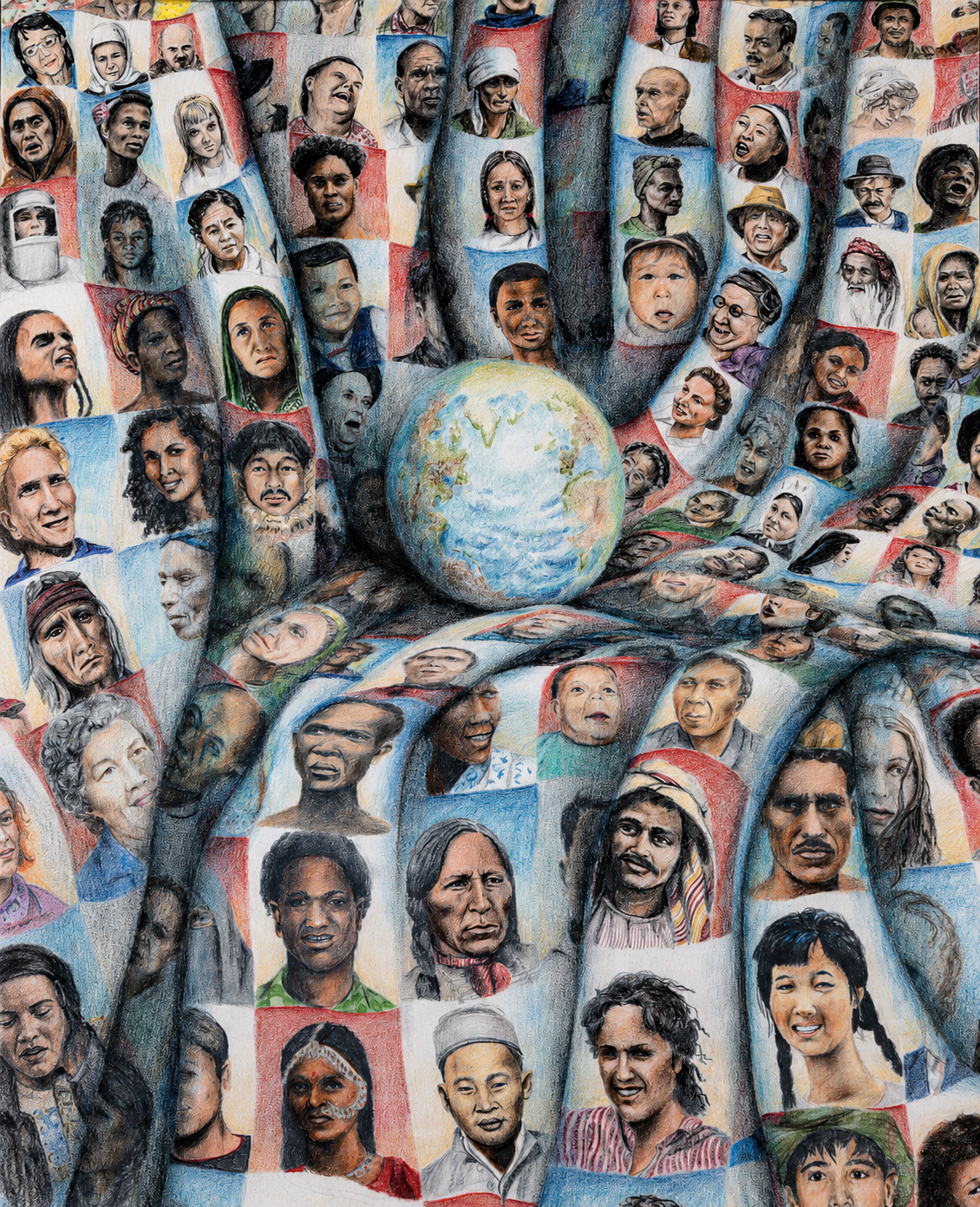 An art mural depicting numerous portraits of diverse people from around the world surrounding a globe at the center.
