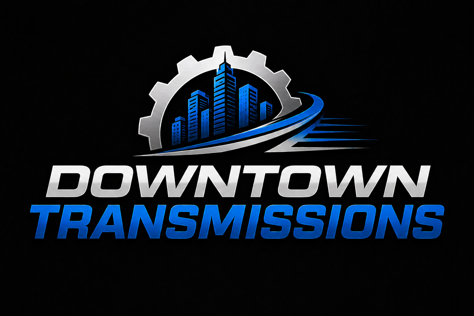 Logo for Downtown Transmissions featuring a city skyline with tall buildings inside a gear and a swoosh, with the text 'DOWNTOWN TRANSMISSIONS' in bold silver and blue letters.