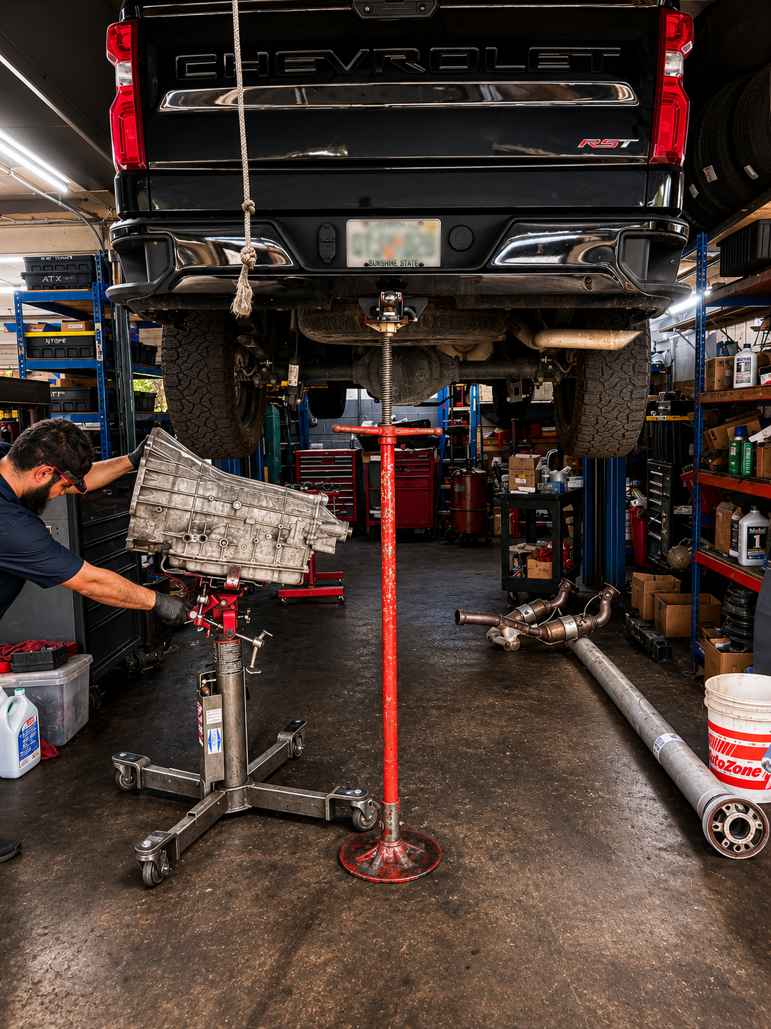 A mechanic working on a black Chevrolet truck lifted on a hydraulic hoist in a garage, with various tools and engine parts around.