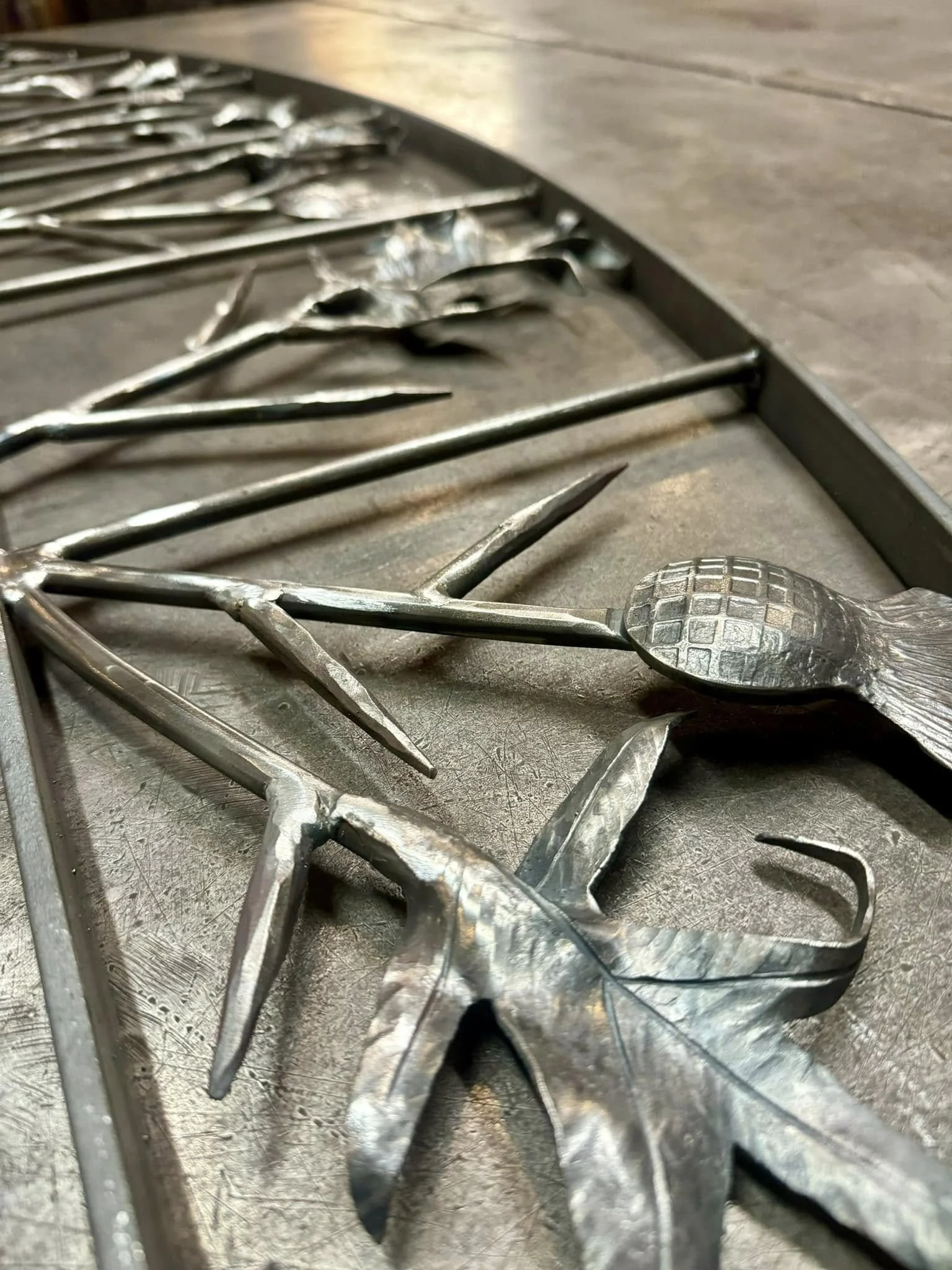 Close-up of a decorative metalwork.