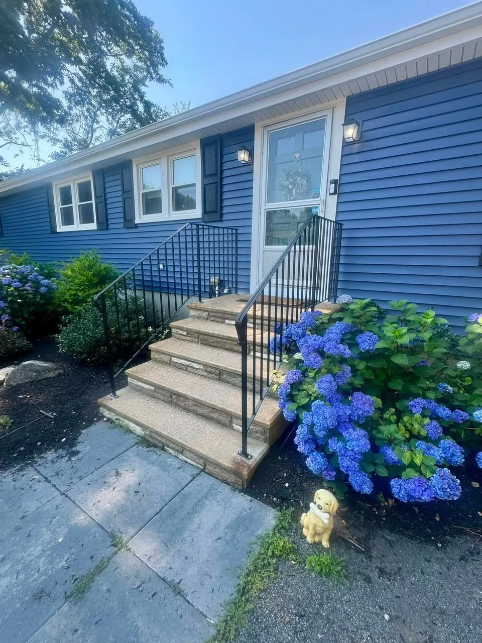 Blue house with white trim, front door with screen, concrete stairs with black metal railing, landscaping with green shrubs and purple hydrangea flowers, small dog statue with a scarf on the garden.