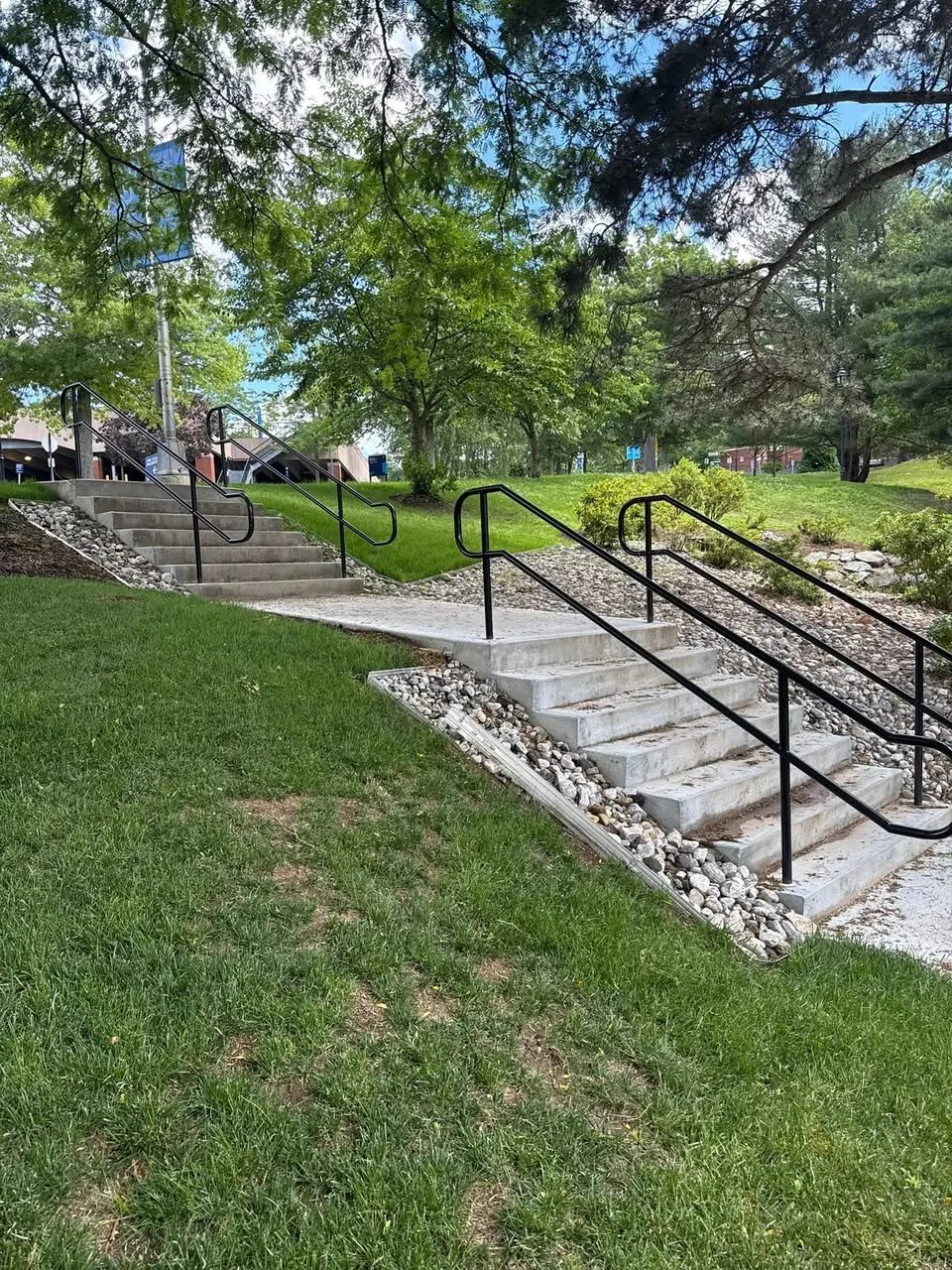 Concrete steps with black handrails leading up a grassy hillside in a park with trees and shrubs.