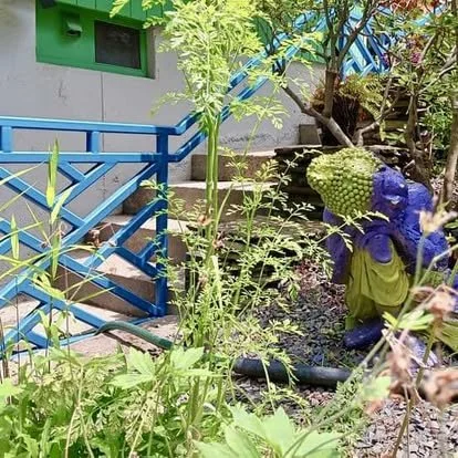 A garden with various green plants, a blue decorative statue of a child holding a pineapple, and a building with a green door and blue railing.