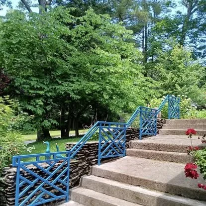 A concrete staircase with a blue metal railing leading up through a lush green park with trees and flowering bushes.