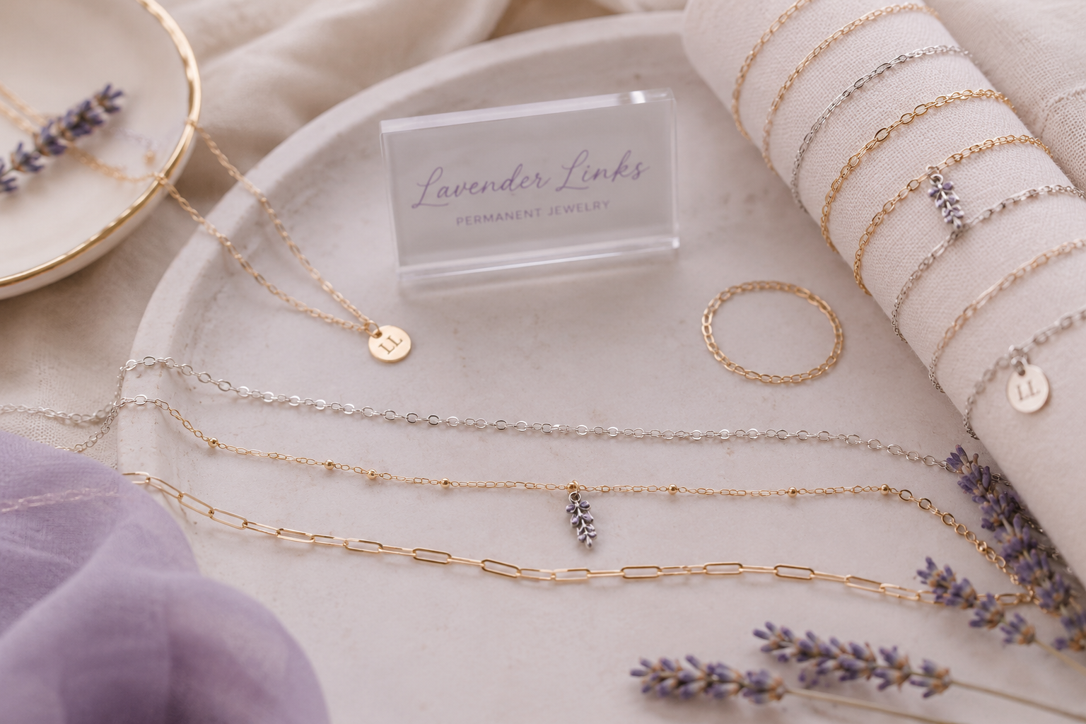 Display of lavender-themed jewelry including necklaces, bracelets, and earrings on a white tray with a lavender flower arrangement and a small sign that reads 'Lavender Links PERMANENT JEWELRY'.