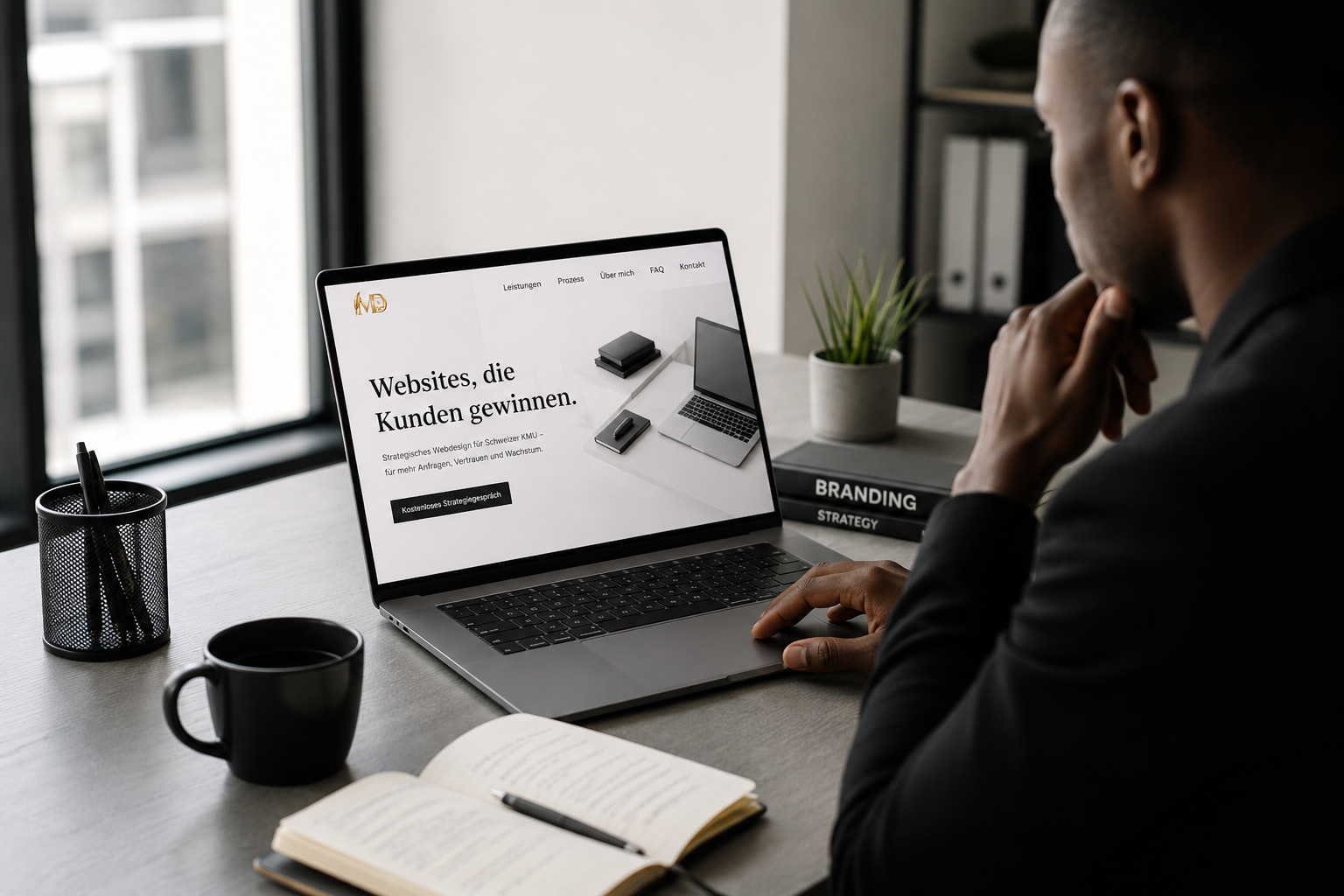 Ein Mann arbeitet an einem Laptop an einem Schreibtisch im Büro. Auf dem Bildschirm sind Webseiten mit dem Text 'Websites, die Kunden gewinnen' zu sehen. Es gibt eine Kaffeetasse, einen Notizblock, einen Stift, eine Pflanze und ein Buch mit dem Titel 'Branding Strategy' auf dem Tisch.