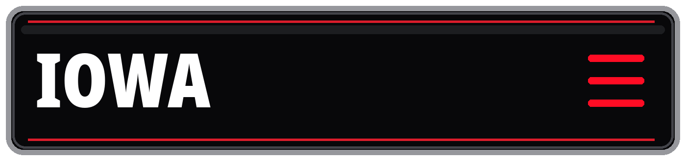 Black Iowa banner with bold white lettering, red border accents, and a red hamburger menu icon