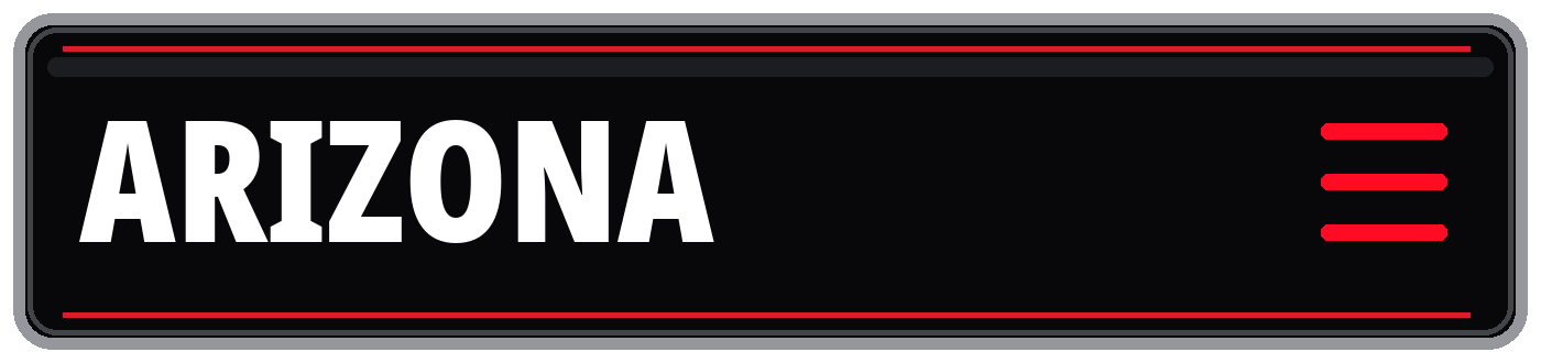 Black Arizona banner with bold white lettering, red border accents, and hamburger menu icon