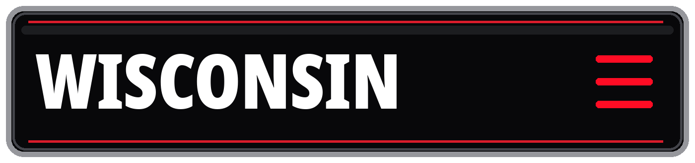 Black Wisconsin banner with bold white lettering and red accent lines
