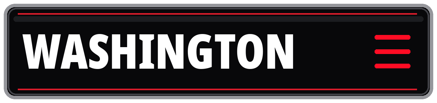 Black Washington wordmark banner with red accent lines and hamburger menu icon