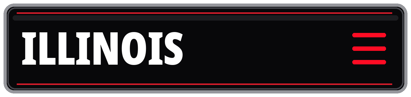 Black Illinois graphic with bold white lettering, red border accents, and a red hamburger menu icon