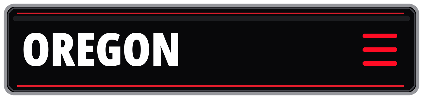 Black Oregon sign with bold white lettering, red border accents, and a red three-line menu icon.