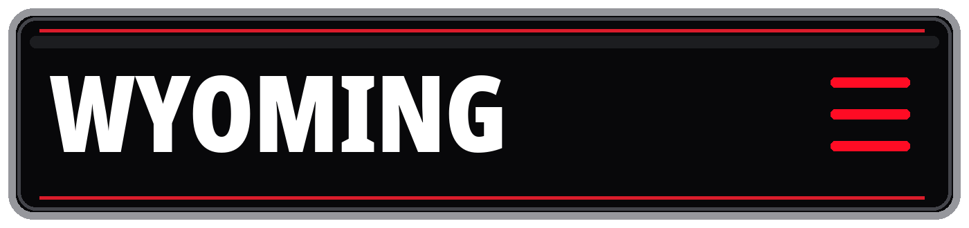 Black Wyoming sign with bold white lettering, red border accents, and a red hamburger menu icon