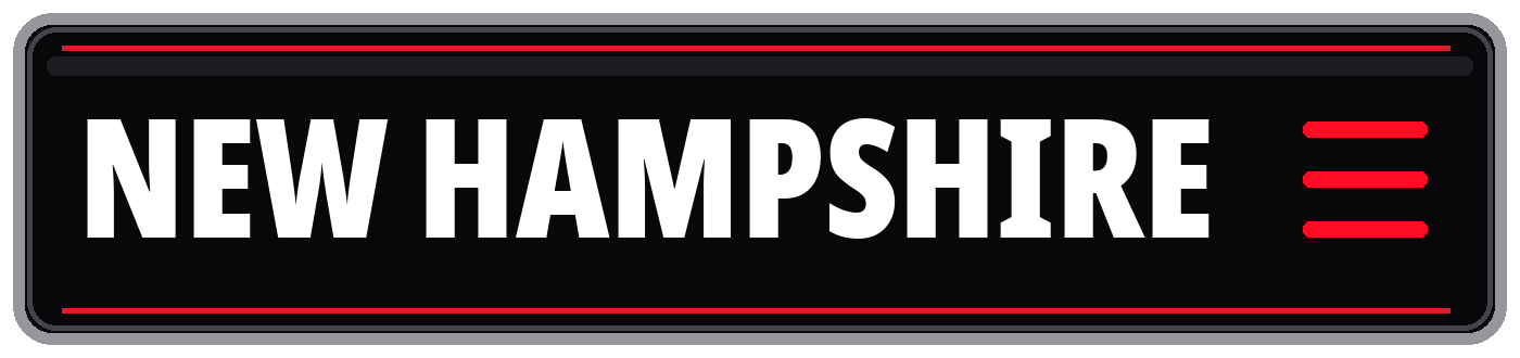 Black New Hampshire sign with bold white lettering and red border