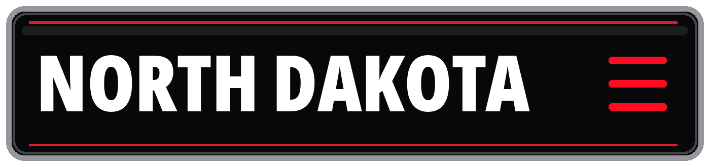 North Dakota sign with red accents and a hamburger menu icon