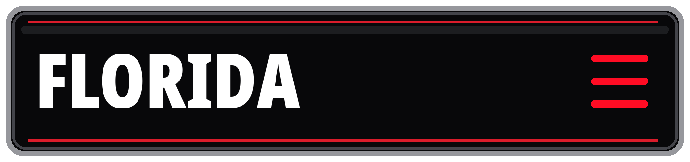 Black Florida sign with bold white lettering, red border accents, and red menu icon