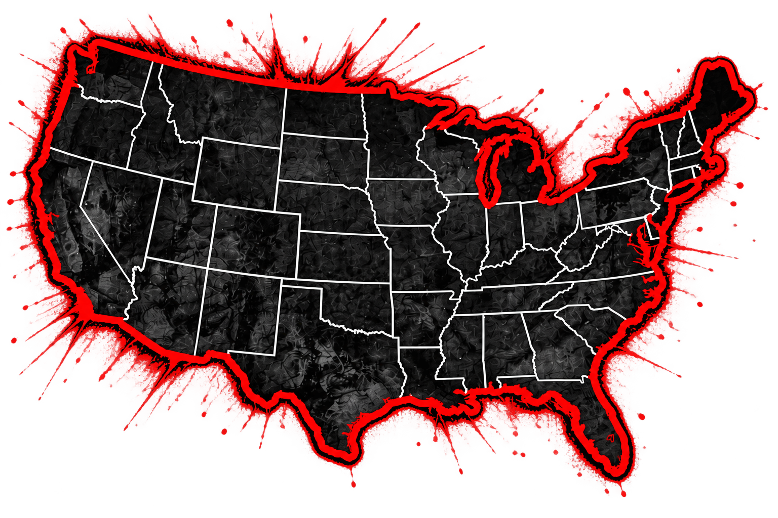 Stylized black map of the United States with white state borders, surrounded by a bold red grunge background