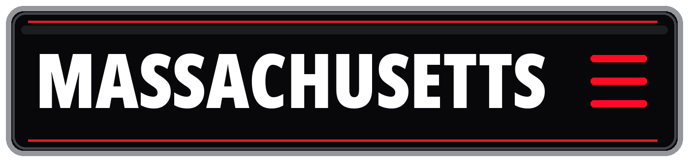Stylized Massachusetts sign with bold white lettering on a black background and red accents