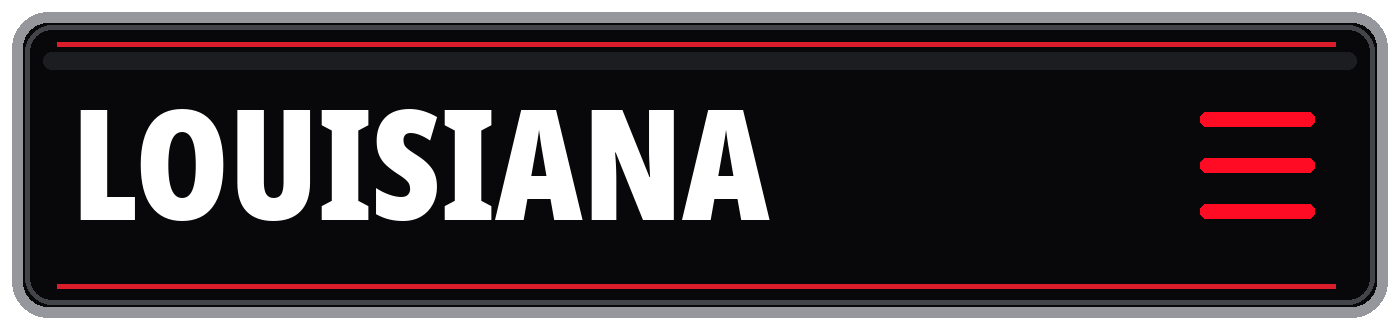 Black Louisiana-themed banner with bold white text and red accent lines