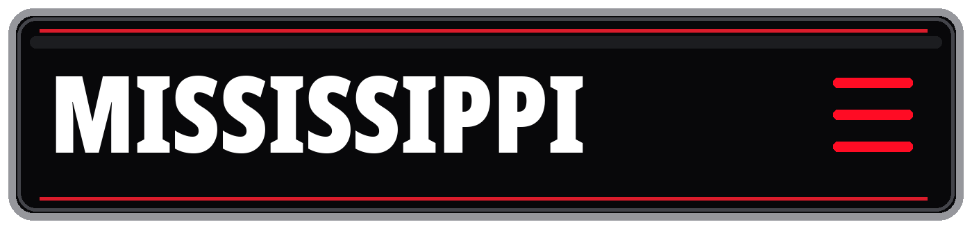 Black Mississippi banner with bold white lettering, red borders, and a red hamburger menu icon