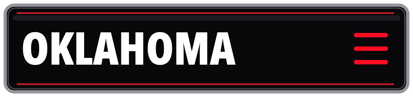 Black Oklahoma license plate-style graphic with bold white lettering and red accent lines