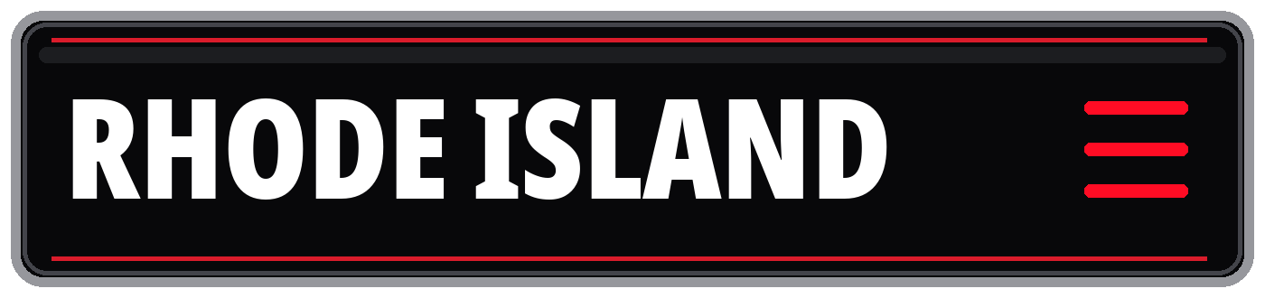 Black and red Rhode Island sign with a hamburger menu icon