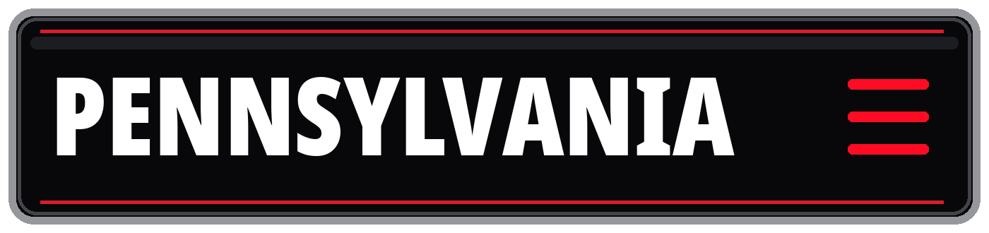 Black Pennsylvania sign with bold white lettering, red border accents, and a red hamburger menu icon