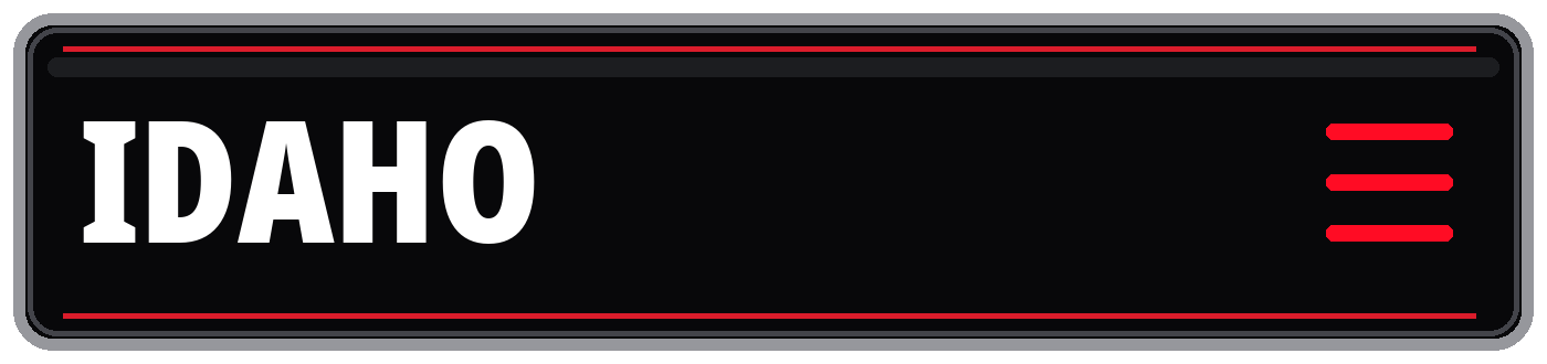Black Idaho-themed banner with large white “IDAHO” text, red borders, and a red hamburger menu icon.