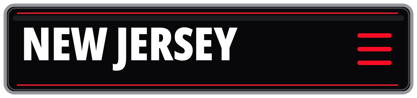 Black New Jersey sign with white lettering, red border, and hamburger menu icon