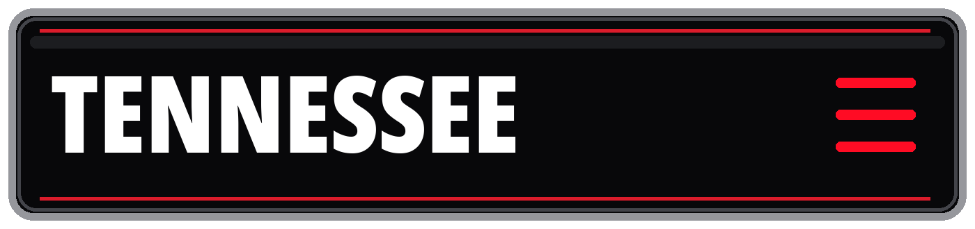 Black Tennessee sign with bold white lettering, red border accents, and a red hamburger menu icon