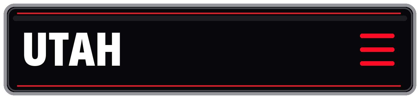 Black Utah-themed banner with bold white “UTAH” lettering and red accent lines and menu icon