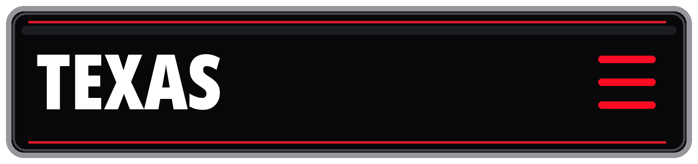 Black Texas-themed banner with bold white “TEXAS” text and red horizontal accent lines.