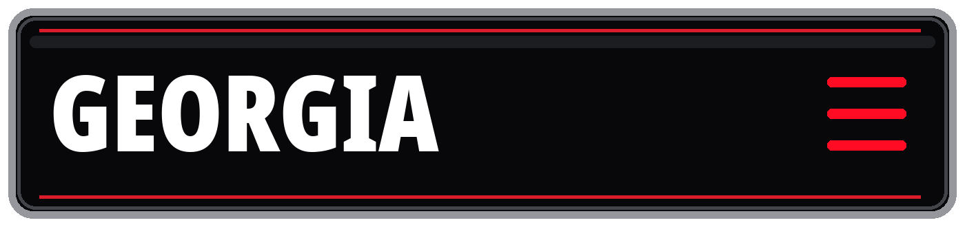 Black Georgia sign with bold white lettering, red border accents, and a red hamburger menu icon